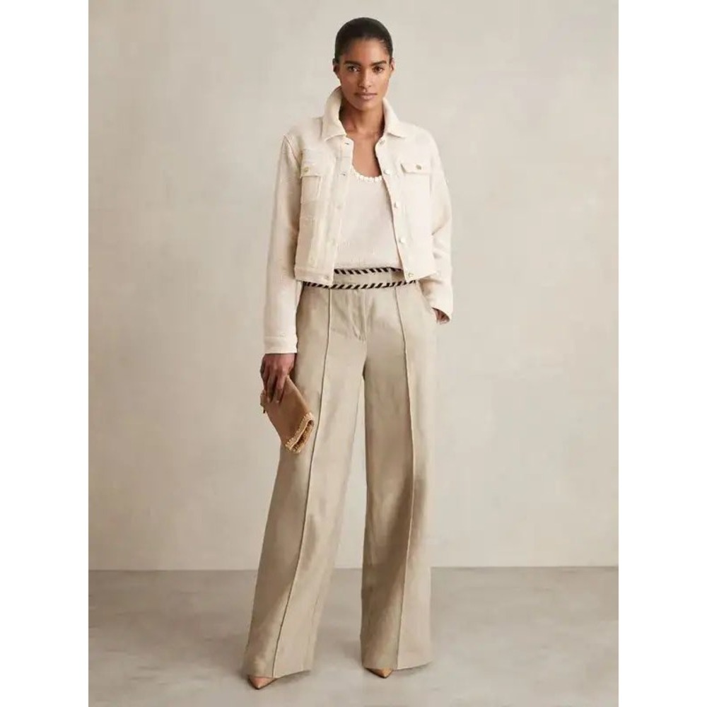 Reiss Wide Leg Linen Trousers Fawn Beige Braided Whipstitch Trim 6R